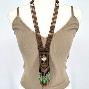 Boho Seed Bead Fringe Statement Necklace Southwestern Tribal Festival Western